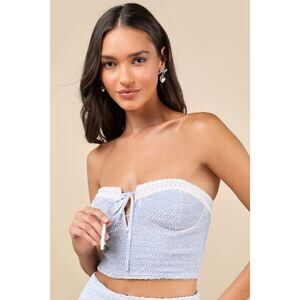 Lulus Trendsetting Flirt Light Blue Crinkled Strapless Bustier Bow Top - Size M